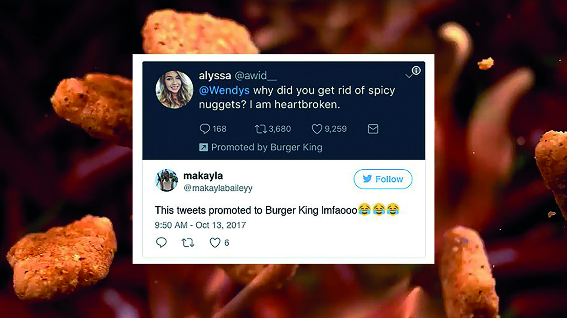 Wendys and Burger King nuggets Tweets Image of nuggets with Tweets laid over it for Wendys