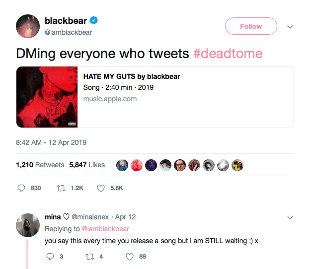 Blackbear DM Tweet Tweet from rapper @blackbear saying he will DM his fans