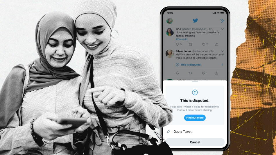 two women wearing headscarves looking at a phone next to image of phone with twitter